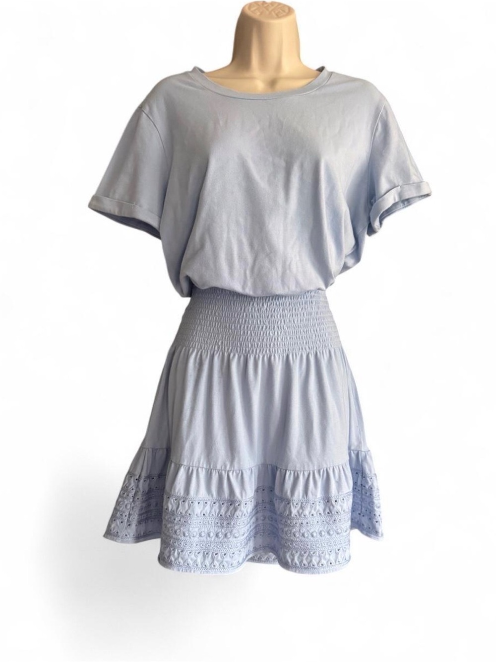 Parker Blue Smocked Waist Eyelet Hem Knit Dress Size Medium